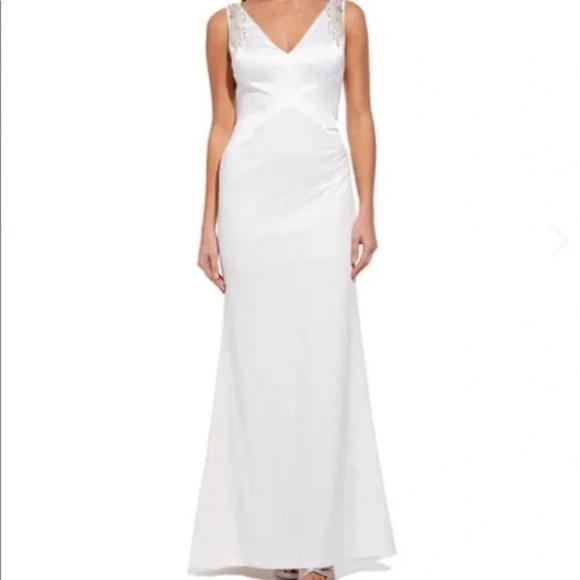 NWT Adrianna Papell Beaded Appliqué Charmeuse Mermaid Sleeveless Ivory Gown Sz 2 - Picture 9 of 16